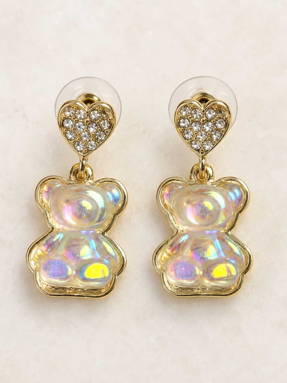 14K Gold Laminated Iridescent Teddy Bear Drop Earrings